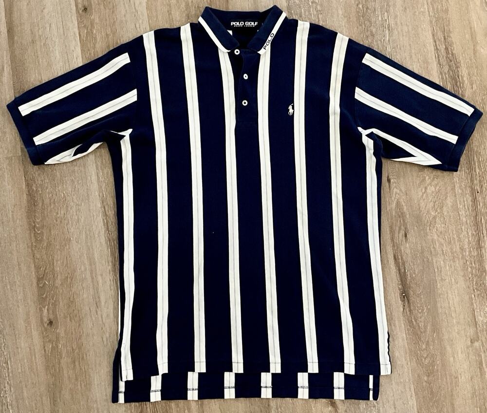 Vntg. Polo Golf Ralph Lauren Blue/White Striped Polo w/COLLAR INSIGNIA Sz. Large